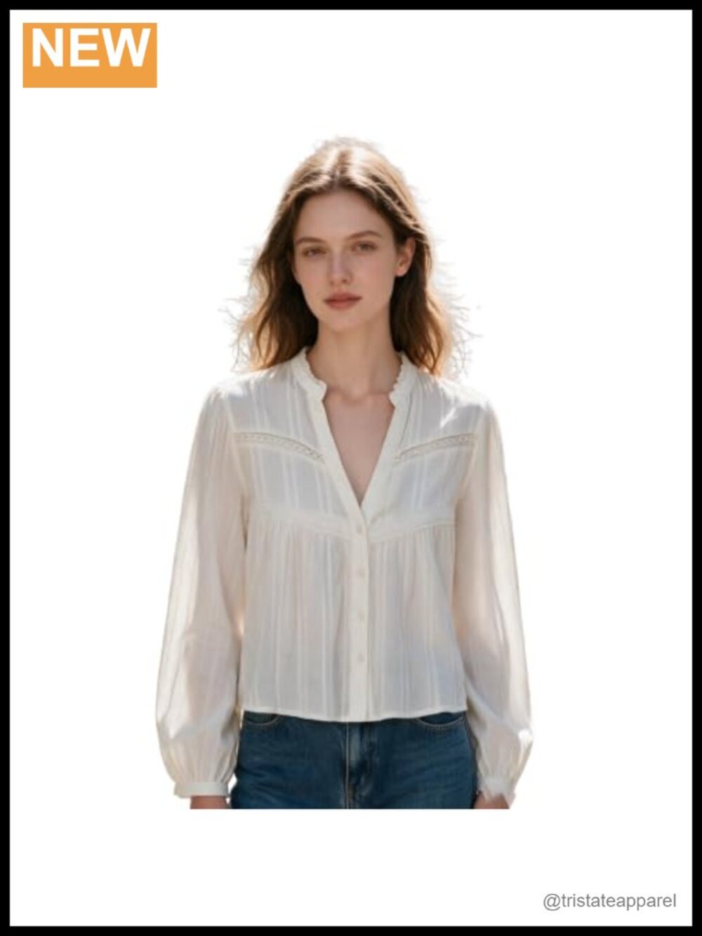 Women's Lace Ruffled V-Neck Cropped Blouse Puff Sleeve Cotton